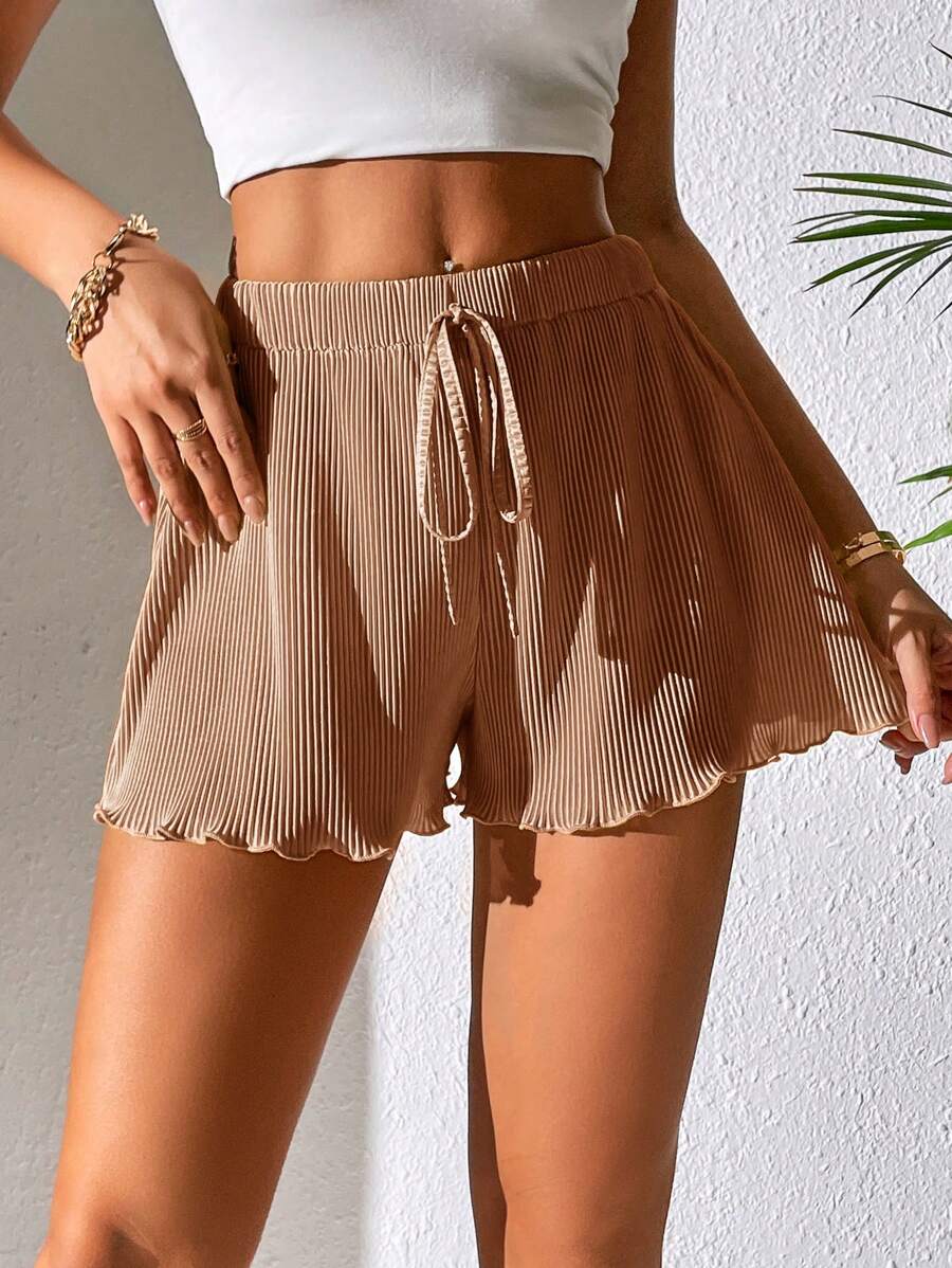 SHEIN PETITE Tie Waist Lettuce Trim Summer Shorts - Champagne - View 1