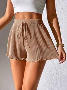 SHEIN PETITE Tie Waist Lettuce Trim Summer Shorts - Champagne - View 4