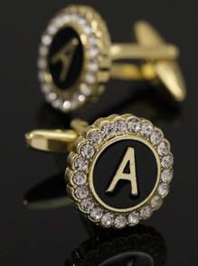 1pair Fashionable Zinc Alloy Rhinestone Decor Letter Detail Cufflinks For Men For Daily Decoration Alloy for Jewelry Gift - Yellow Gold - View 3