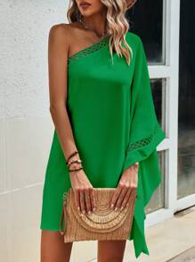 SHEIN LUNE Đầm Tương phản ren Bất đối xứng màu trơn Giải trí - màu xanh lá - Xem 6