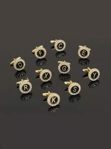 1pair Fashionable Zinc Alloy Rhinestone Decor Letter Detail Cufflinks For Men For Daily Decoration Alloy for Jewelry Gift - Yellow Gold - View 6