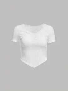 SHEIN 青少年女孩木耳邊前收褶T恤 - 白色 - 查看 1