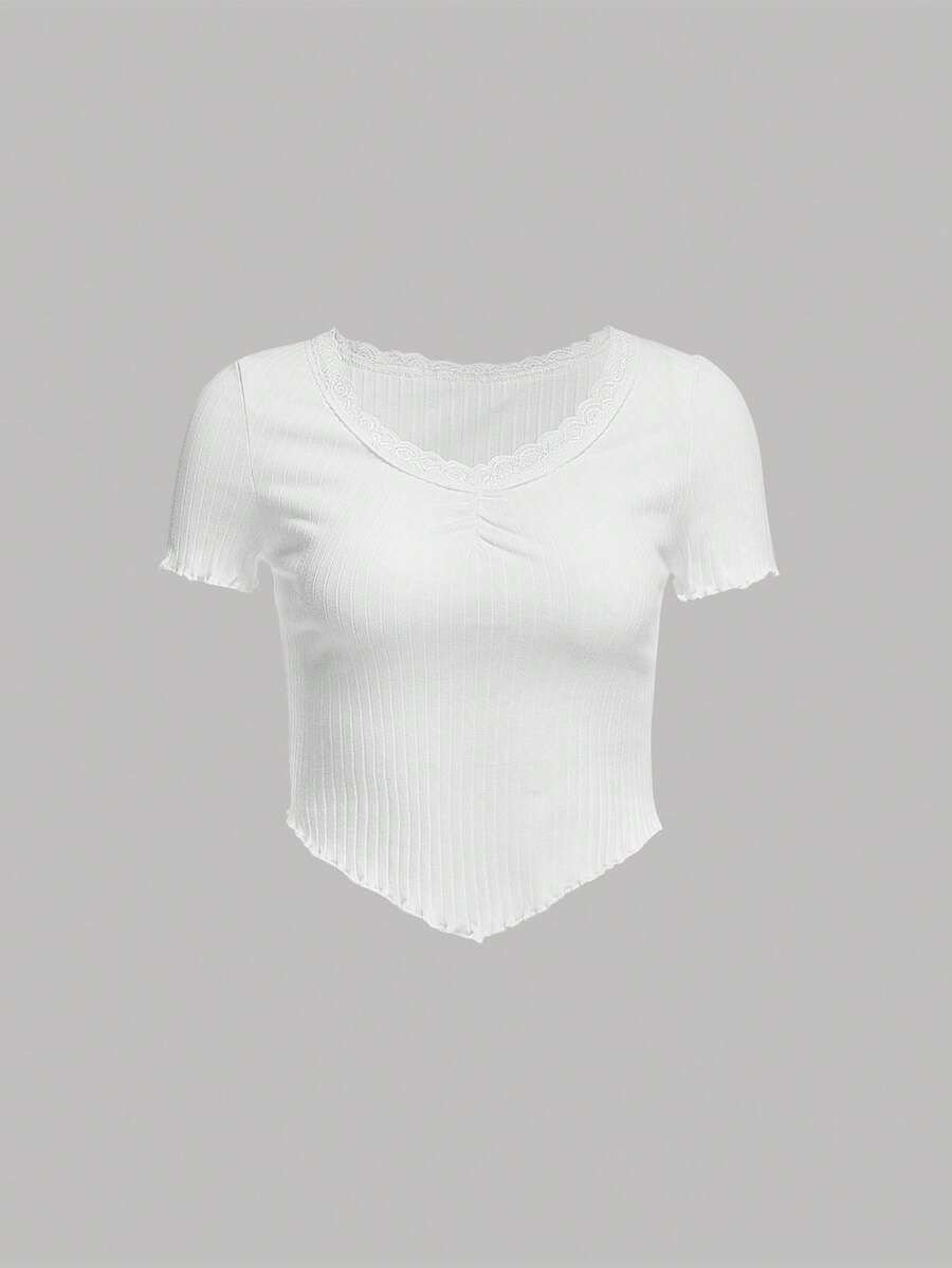 SHEIN 青少年女孩木耳邊前收褶T恤 - 白色 - 查看 1
