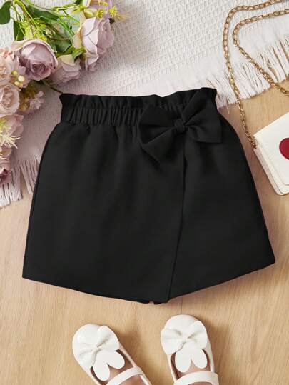 SHEIN 少女實色紙袋腰帶蝴蝶結短褲,適用於夏季