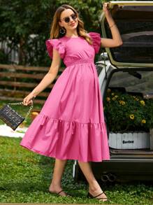 SHEIN Maternidad Vestido de espalda abierta con cordón ribete con fruncido bajo con fruncido - Rosa - Ver 2