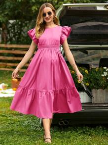 SHEIN Maternidad Vestido de espalda abierta con cordón ribete con fruncido bajo con fruncido - Rosa - Ver 5