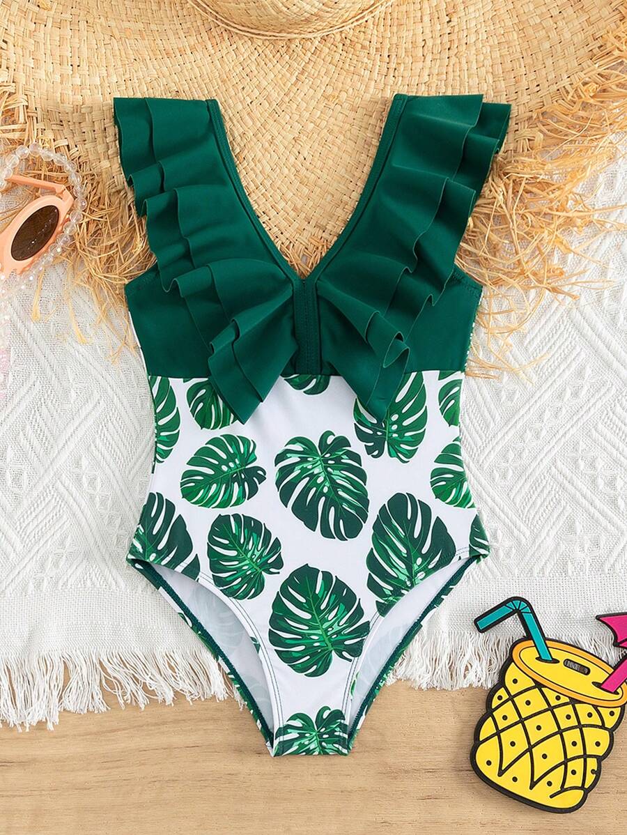 Young Girl 1pc Tropical Print Ruffle Trim One Piece Swimsuit - Multicolor - View 1