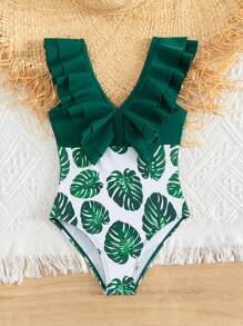 Young Girl 1pc Tropical Print Ruffle Trim One Piece Swimsuit - Multicolor - View 6