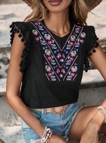 SHEIN VCAY Floral Embroidery Pom-pom Trim Blouse - Black - View 1