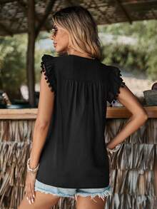 SHEIN VCAY Floral Embroidery Pom-pom Trim Blouse - Black - View 2