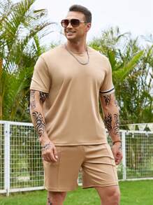 Manfinity Homme Men Plus Contrast Tape Tee & Drawstring Waist Shorts - Brown - View 7