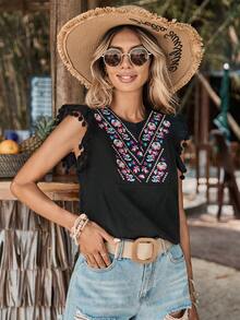 SHEIN VCAY Floral Embroidery Pom-pom Trim Blouse - Black - View 5
