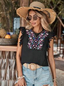 SHEIN VCAY Floral Embroidery Pom-pom Trim Blouse - Black - View 6