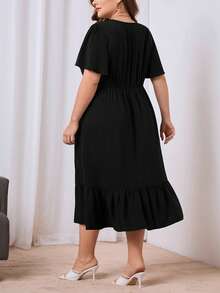 SHEIN Unity Đầm Plus Size Tương phản ren Viên lá sen Trọn gói màu trơn Giải trí - màu đen - Xem 2