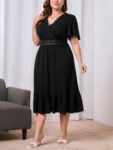 SHEIN Unity Đầm Plus Size Tương phản ren Viên lá sen Trọn gói màu trơn Giải trí - màu đen - Xem 3