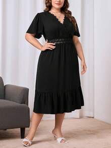 SHEIN Unity Đầm Plus Size Tương phản ren Viên lá sen Trọn gói màu trơn Giải trí - màu đen - Xem 5