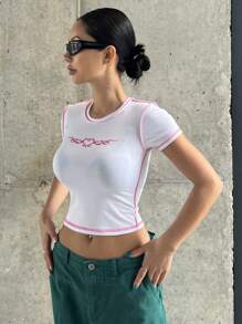 DAZY Áo thun nữ Tương phản ràng buộc Tim Giải trí - trắng - Xem 8