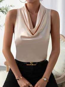 SHEIN Privé Solid Draped Collar Sleeveless Satin Blouse - Champagne - View 1