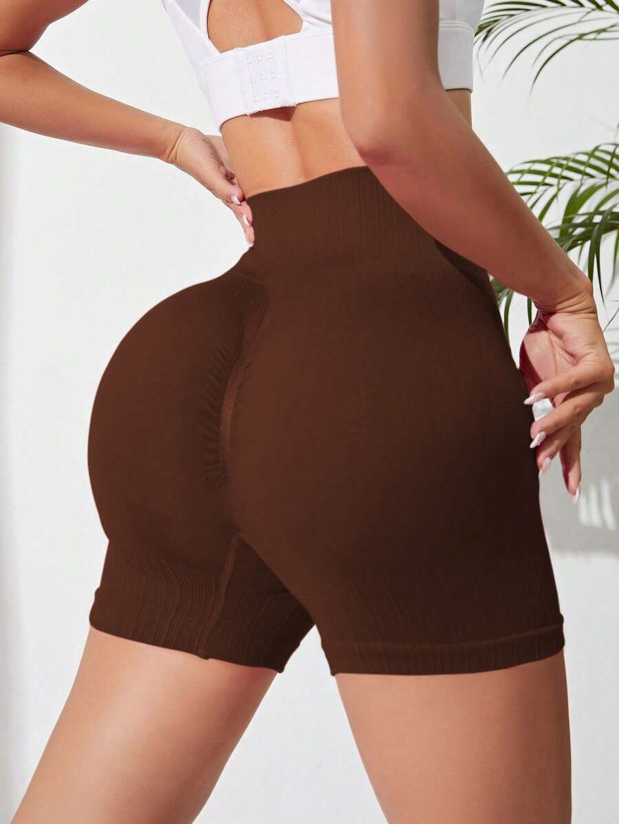 Easithlete Solid Wideband Waist Sports Shorts - Brown - View 1