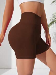 Easithlete Solid Wideband Waist Sports Shorts - Brown - View 3