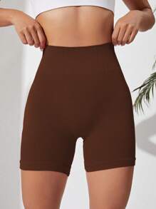 Easithlete Solid Wideband Waist Sports Shorts - Brown - View 5