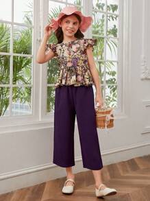 SHEIN Girls Floral Print Ruffle Trim Top & Wide Leg Pants - Multicolor - View 3