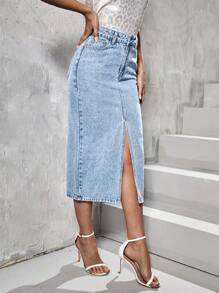 SHEIN Essnce Washed Split Thigh Denim Skirt - Light Wash - View 4