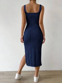SHEIN EZwear Vestido tank unicolor de muslo con abertura - Azul Marino - Ver 2