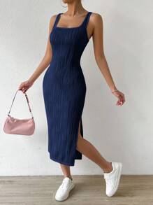 SHEIN EZwear Vestido tank unicolor de muslo con abertura - Azul Marino - Ver 3