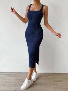 SHEIN EZwear Vestido tank unicolor de muslo con abertura - Azul Marino - Ver 4