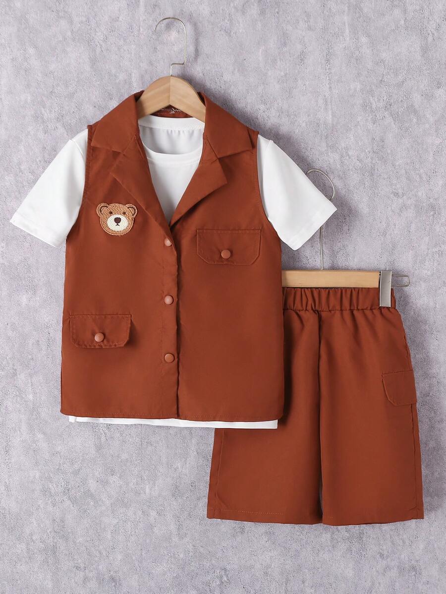 SHEIN Áo vest thêu gấu cho bé trai & Bộ quần short & áo thun - Nhiều màu - Xem 1