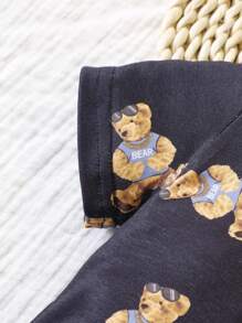 SHEIN 嬰兒小熊印花Polo領連身短褲 - 黑色 - 查看 4