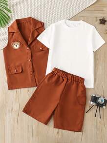 SHEIN Áo vest thêu gấu cho bé trai & Bộ quần short & áo thun - Nhiều màu - Xem 3