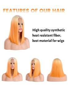 14 吋合成金色橙色鮑伯假髮帶蕾絲女式角色扮演，直鮑伯髮型，中間部分 - 橘色 - 查看 4