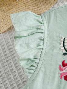 SHEIN 女孩花卉刺繡荷葉邊繫腰帶洋裝 - 綠色 - 查看 7