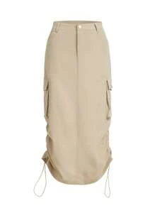 SHEIN ICON Flap Pocket Side Drawstring Side Cargo Skirt - Khaki - View 1