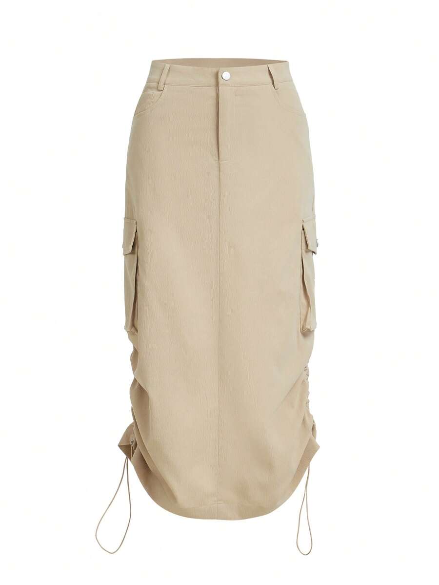 SHEIN ICON Flap Pocket Side Drawstring Side Cargo Skirt - Khaki - View 1