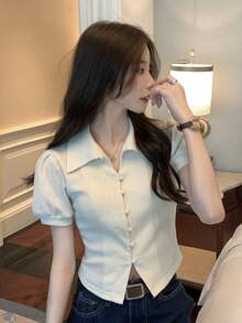 Áo sơ mi nữ Nút phía trước màu trơn Giải trí - Màu be - Xem 3