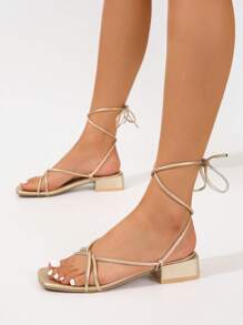 魅力四射涼鞋適用於女士金屬質感腿部繫帶設計粗跟綁帶涼鞋 - 金色 - 查看 5