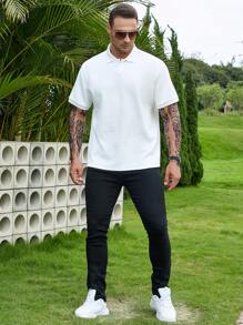 Manfinity Homme Men Plus Solid Waffle Knit Polo Shirt - White - View 5