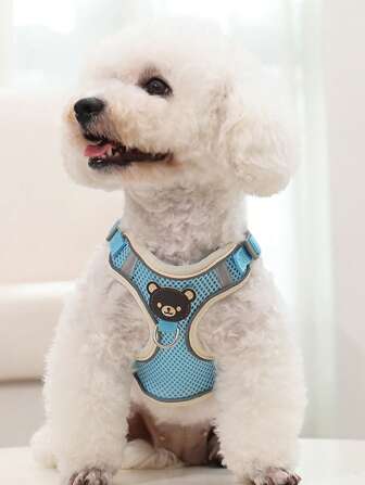2pcs Cartoon Bear Patch Decor Reflective Strip Pet Harness & Pet Leash Set For Dog And Cat For Outdoor