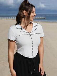 SHEIN EZwear Plus Lettuce Trim Curved Hem Tee - White - View 2