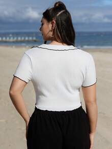 SHEIN EZwear Plus Lettuce Trim Curved Hem Tee - White - View 3