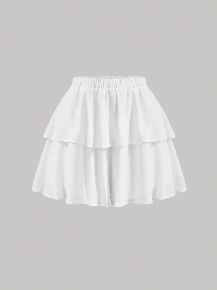 SHEIN MOD 彈性腰帶雙層下擺裙裤 - 白色 - 查看 1