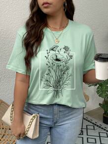 INAWLY Plus Floral Print Tee - Mint Green - View 1