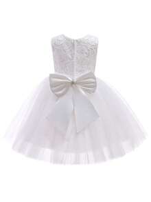 Cô gái Chèn Lace Nơ lớn Trở lại Lớp phủ lưới Đầm Party - trắng - Xem 2