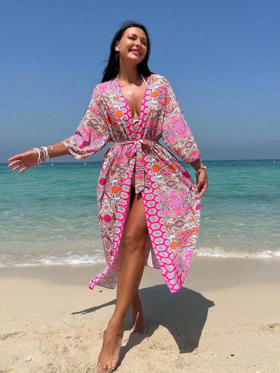GETADME 2025 Bikini Cover-ups Pink Boho Print Self Belted Front Open Long Kimono Dress Beach Tunic Women Swim Suit Cover Up Q996