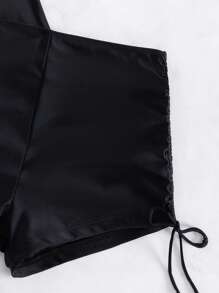 SHEIN Swim Chevron Print Scallop Trim Underwire Swim Dress,Summer Beach - Black - View 3