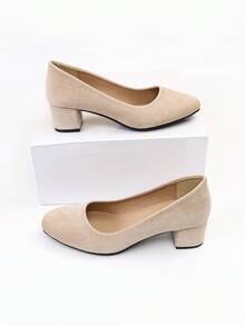 優雅杏高跟鞋適用於女士仿麂皮粗跟淺口高跟鞋