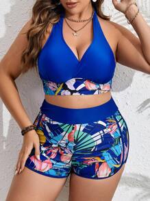 Swim Lushoire Summer Beach Plus Size Tropical Print Halter Bikini Set - Royal Blue - View 6